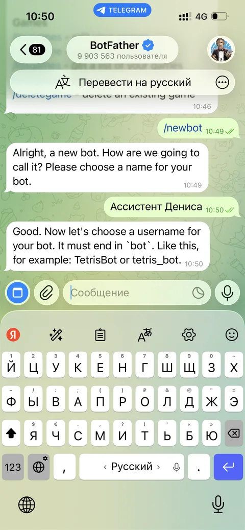 Диалог newbot → имя → username